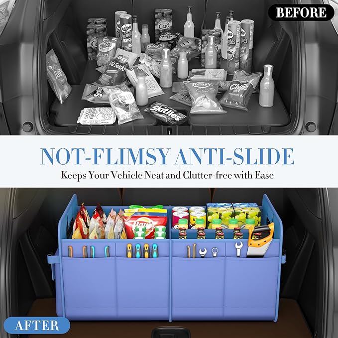 titiyiof Trunk Organizer For Suv & Sedan,Car Organizers and Storage, Waterproof Collapsible & Adjustable Straps,70L Sturdy Car Organization for Car Accessories, Tools,Sundries,2-3Compartment（Blue