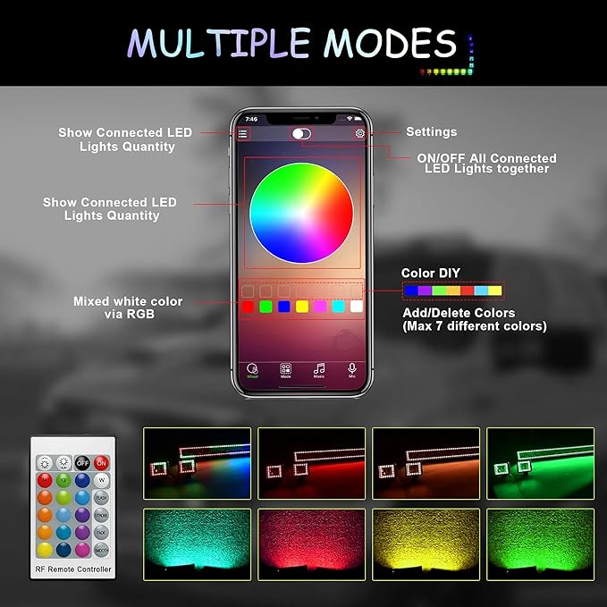 50" RGB LED Light Bar 2Pcs 4" Flood LED Pods with Multi-Color Chasing RGB Halo 16 Solid Colors Over 92 Flashing Modes Offroad Lights Driving Lamp Fog Lights with Switch Wiring Harness