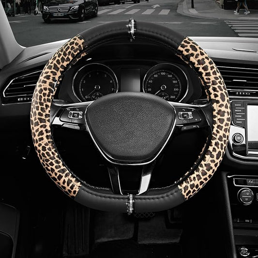 Road Comforts Leopard Steering Wheel Cover - Made with PVC Leather Cheetah Print, D-Shaped Automotive Steering Wheels - Anti-Slip, Universal Fit 14 1/2 inches to 15 inches - Black