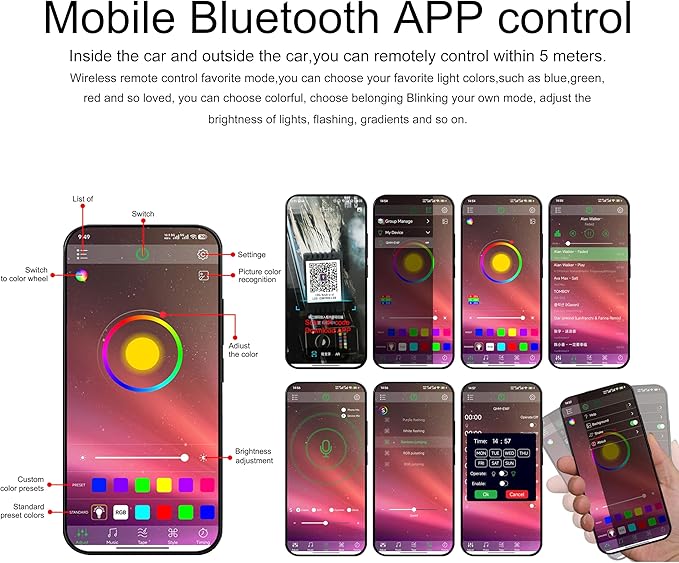 5 Meters Optic Fiber Car Ambient Footwell Lighting with Bluetooth App Control 64 Colors Multicoloured Music Interior Lighting Kit DC 12V 1W