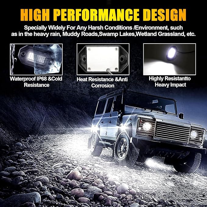 4Pods Metal Bright Pure White LED Rock Lights Kit,Per pod provided 15FT Power Cord,6500K 36LEDs Neon Underglow Light Aluminum Waterproof Fender Lights for Trucks Trailer Jeep Off Road ATV UTV