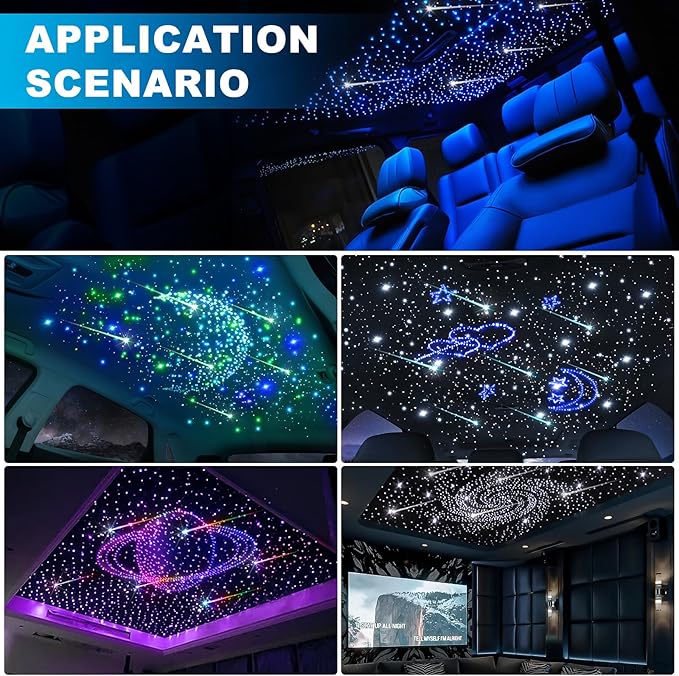 Car Starlight Headliner Kit, 4 Colors 32W Twinkle & Meteor Fiber Optic Ceiling Lights, 2 in 1 Light Engine 500pcs*0.03in*13.1ft+240 RGBW Shooting Stars Lights for Car Home Roof Décor