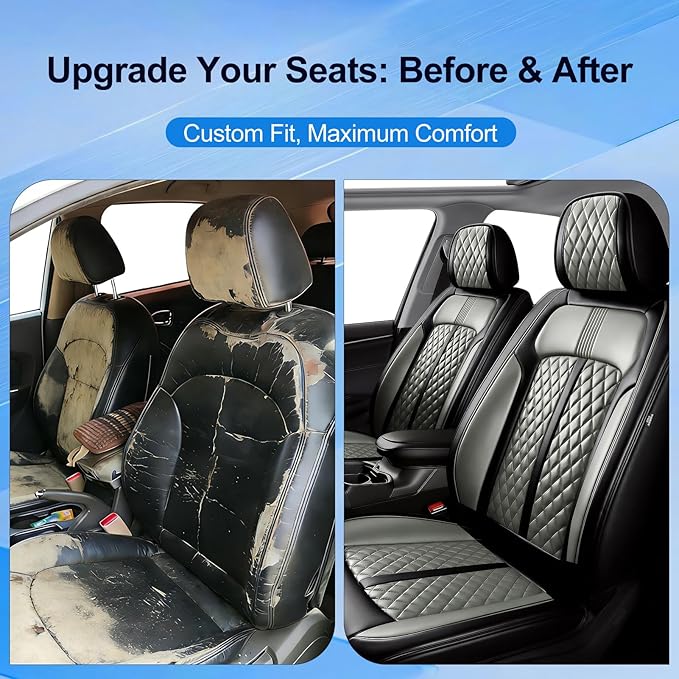 Fit Trax Car Seat Covers for Chevrolet/Chevy Trax 2015-2026, Premium Full Coverage Leather, Waterproof All Weather Seat Protector, Airbag Compatible, Scratch Resistant, Full Set, Black+Gray