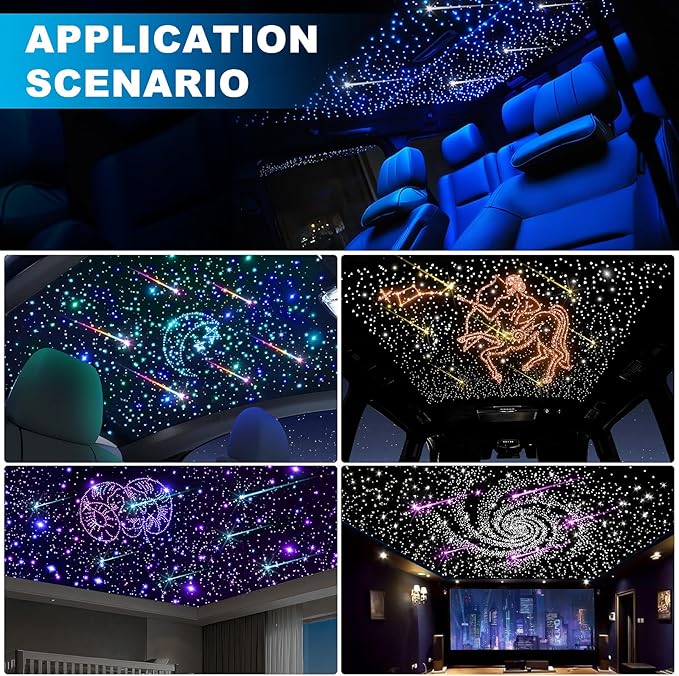 Car Starlight Headliner Kit, 4 Colors 32W Twinkle & Meteor Fiber Optic Shooting Stars Lights, 2 in 1 Light Engine 700pcs*0.03in*13.1ft+240 RGBW 4 Port Ceiling Starlights for Car Home Roof Décor