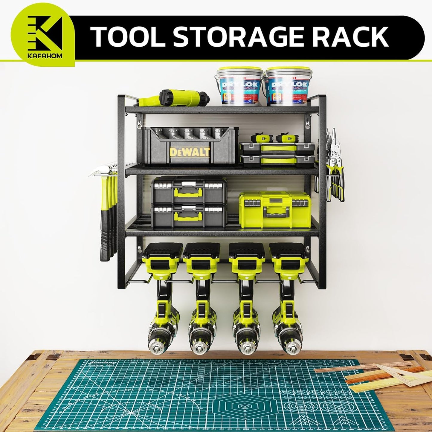 KAFAHOM Power Tool Organizer, Garage Tool Organizers and Storage,Drill Holder Wall Mount, Storage Rack for Cordless Drill, Heavy Duty Tool shelf with Screwdriver Holder/Pliers Holder/Hammer Holder