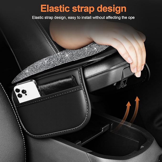 Bling Car Center Console Cover Custom Fit for Jeep Gladiator - Leather Armrest Cover with 2 Storage Pockets and Crystal Rhinestones(Black)