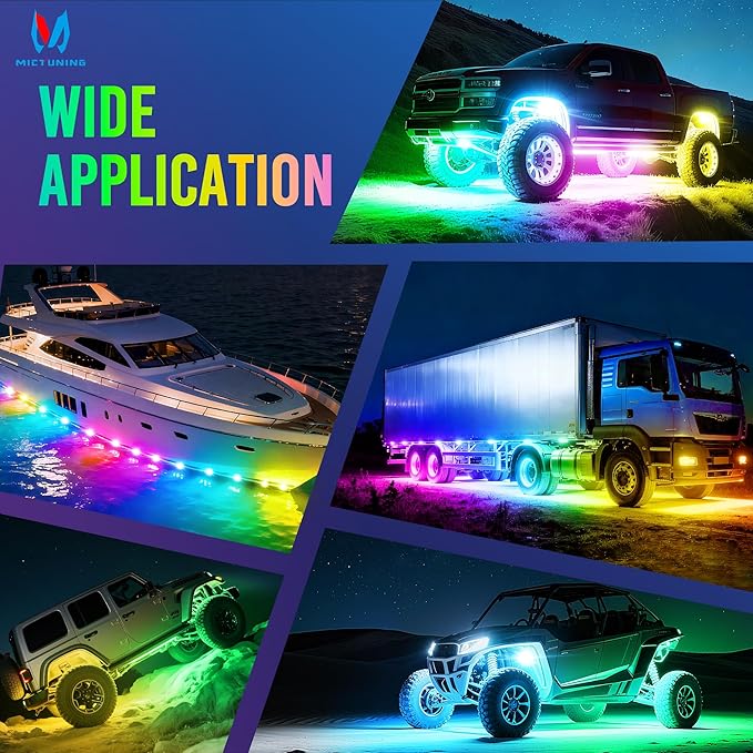 MICTUNING Q2+ MAX RGB+IC Rock Lights - 12 Pods Multi-Color DIY Effect Underglow Neon Kit, Individual Group Control, APP Music Sync, IP68 Waterproof