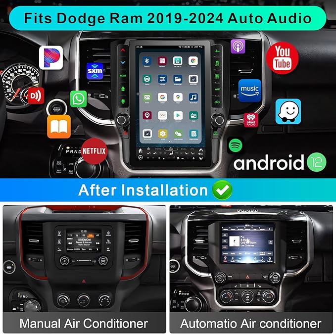 8 Cores 6+128G Radio Upgrade, 2019-2024 for Dodge Ram 1500 2500 3500 Truck Radio Upgrade,12.1 inch Vertical Touchscreen Support Wireless CarPlay Android Auto GPS Bluetooth FM SWC(Inches, 12.1)