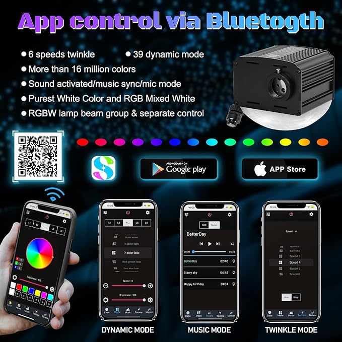Car Starlight Headliner Kit, Twinkle & Sound Activated RGBW 16W 1100pcs*0.02in*9.8ft Fiber Optic Starlight Kit with APP& Remote Controlled, Star Lights for Ceiling Car Roof/Home Decor