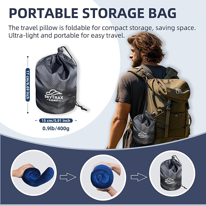 Travel Pillow with Extra Large Hood for Airplane Long Flights Privacy and Comfort Memory Foam with Velvet Cover for Road Trip Head&Neck Support for Plane Office Cars Sleeping & Rest (Navy Blue)