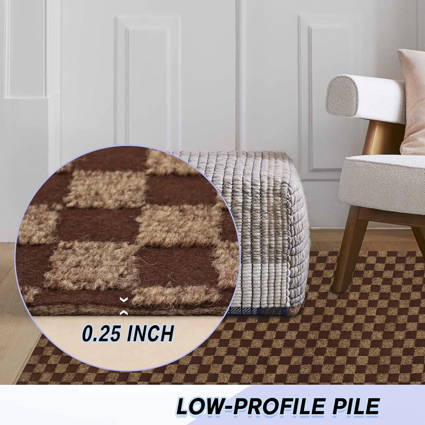 Custom Size Backed Non-Slip Area Rugs Runner, Easy Clean, Waterproof Runner Rugs for Hallway Entryway, Kitchen, Laundry, 4FT x 77FT, Brown Checkered