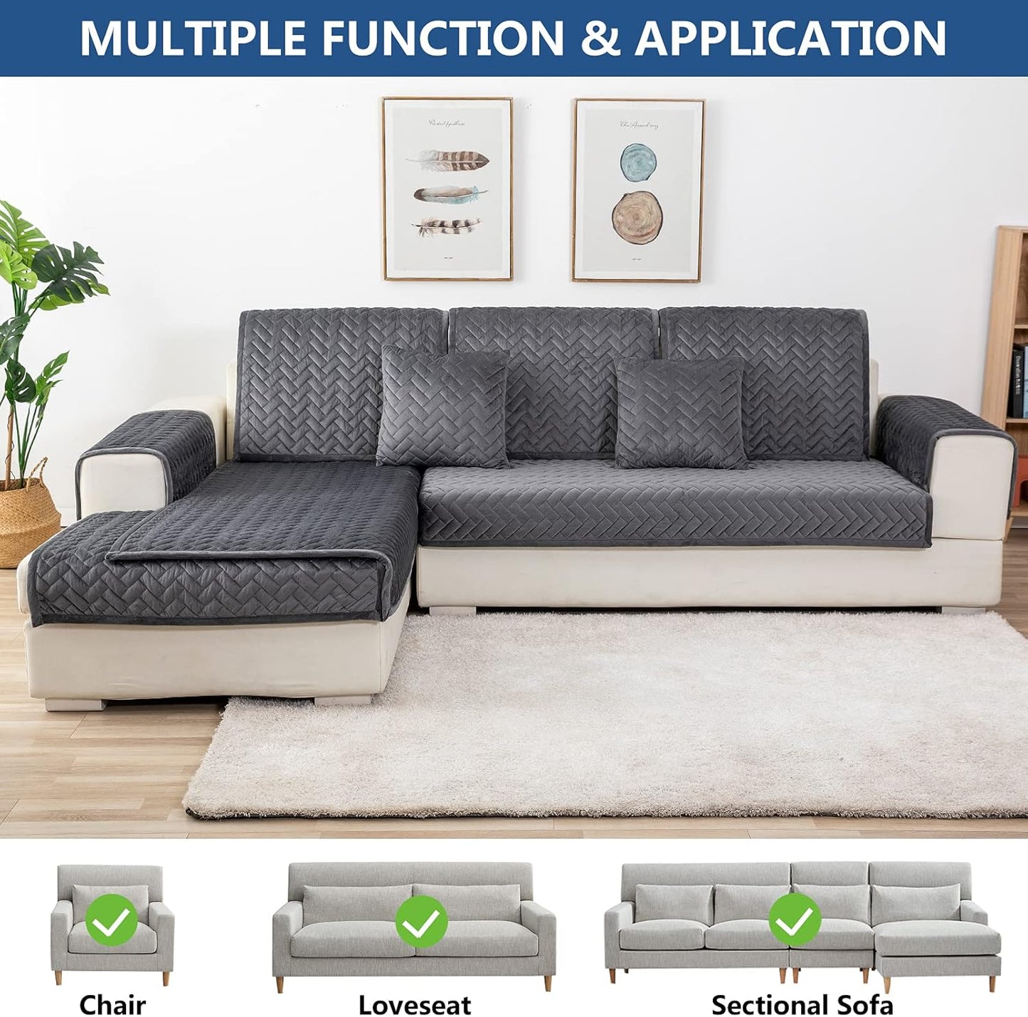 Eismodra Couch Cover,Sectional Couch Covers,Sofa Covers for 3 Cushion Couch,Anti-Slip Sofa Slipcovers for Dogs Cats Kids Loveseat Recliner L Shaped Armrest Backrest,Dark Gray 36''x47''(Only 1 Piece)