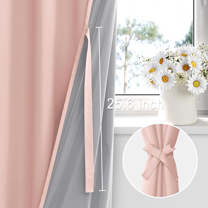 XWZO 100% Blackout Curtains 63 Inches Length with Tiebacks- Heat and Full Light Blocking Window Treatment with Black Liner for Bedroom/Nursery, Grommet Top, Blush Pink, W60 x L63, Set of 2
