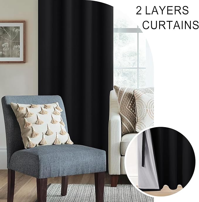 XWZO Black Blackout Curtains 2 Panels with Tiebacks- Heat and Full Light Blocking Window Panels with Grommets for Bedroom/Basement, 54 Inches Long Thermal Insulated Draperies, W42 x L54, Set of 2