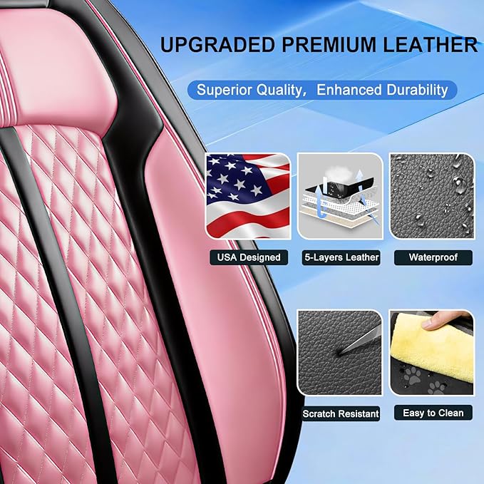 Fit Bolt Car Seat Covers for Select Chevrolet Bolt/Bolt EUV 2017-2025, Premium Full Coverage Leather, Airbag Compatible, Waterproof All Weather Seat Cushion Protector, Full Set, Black+Pink