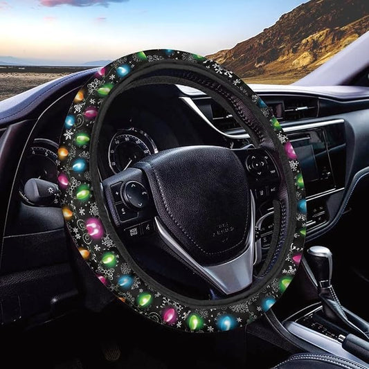 AFPANQZ Christmas Steering Wheel Covers Xmas Lights Print Car Steering Wheel Cover Universal Fit Almost Car Non-Slip Steering Wheel Covers Soft Sweat Absorbing Steering Wheel Protector Cover