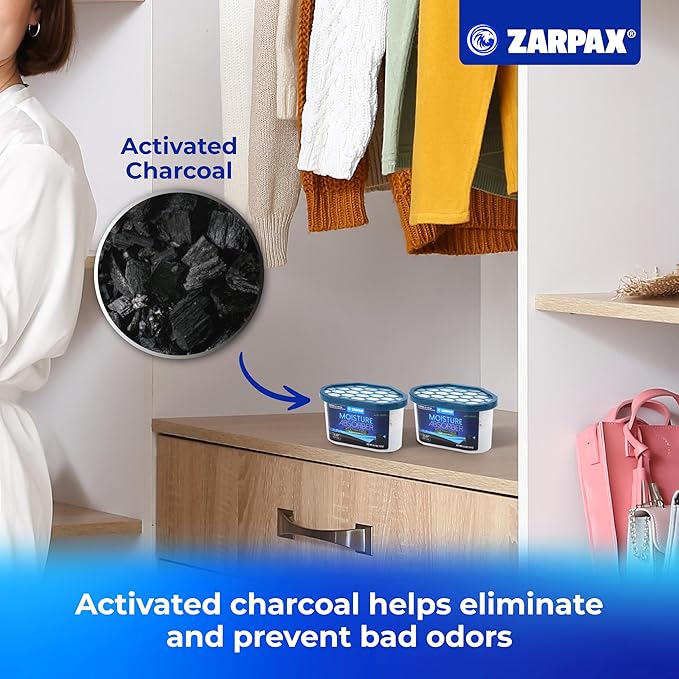 ZARPAX Moisture Absorber Activated Charcoal 6.5 oz/185g | Removes Moisture, Damp, Humidity & Odors | Odor Absorber | Moisture Trap for Bathroom, Closet, Kitchen & Small Spaces | Set of 15