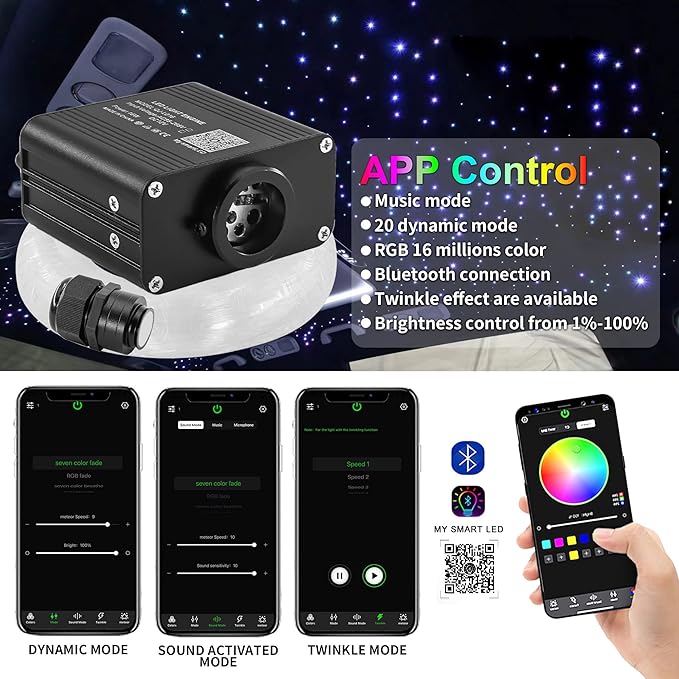 ATOKEE Starlight Headliner Kit 550pcs 0.03in 13.1ft, 16W Twinkle Small Size Fiber Optic Star Lights for Car Roof Decor with APP/Remote Control