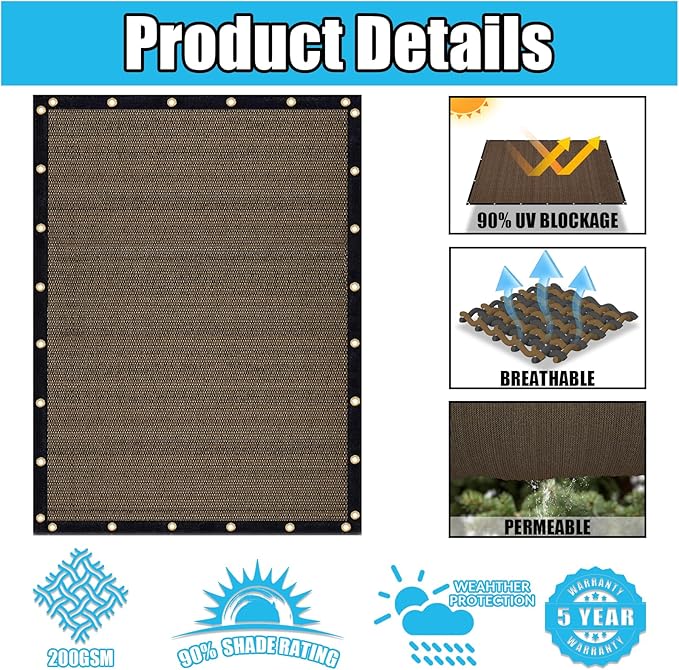 Amagenix 90% Shade Fabric 8'X 16' Mocha Sun Shade Cloth with Grommets for Pergola Replacement Shade Cover Canopy, Heavy Duty, Cable Zip Ties Included (We Customized)