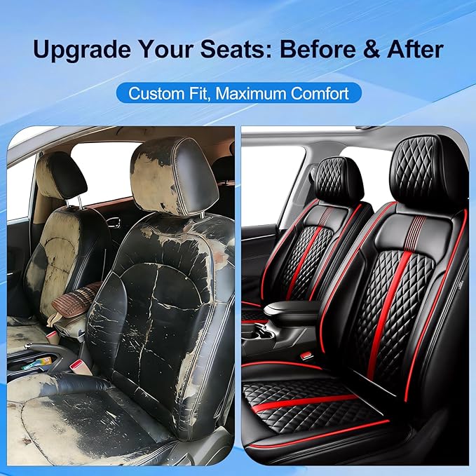 Fit CX-5 Car Seat Covers (Front Pair) for Select Mazda CX5 2013-2024 2025 2026 - Premium Full Coverage Leather, Airbag Compatible, Waterproof & All Weather Seat Protector, Black with Red Trim