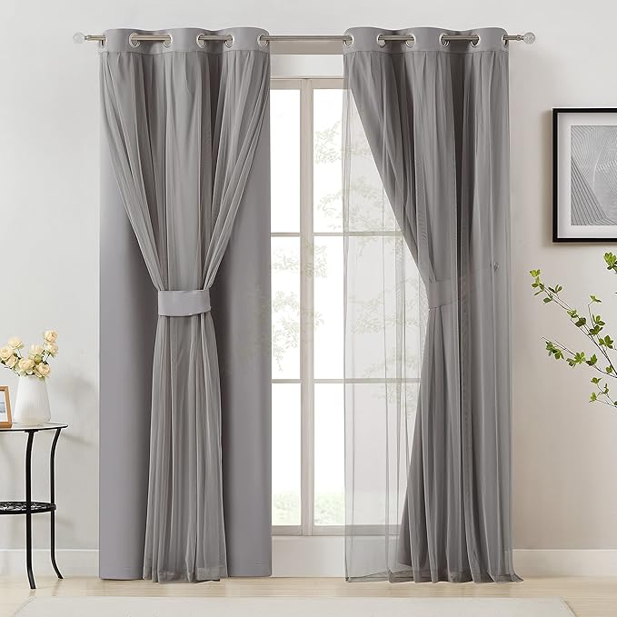 Bujasso Grey 90% Blackout Curtains with Sheer Overlay Mix and Match Double Layer Window Curtains Thermal Insulated 95 inch for Living Room Bedroom Gray Drapes with Tiebacks Grommet Top 54" Wx95 Lx2