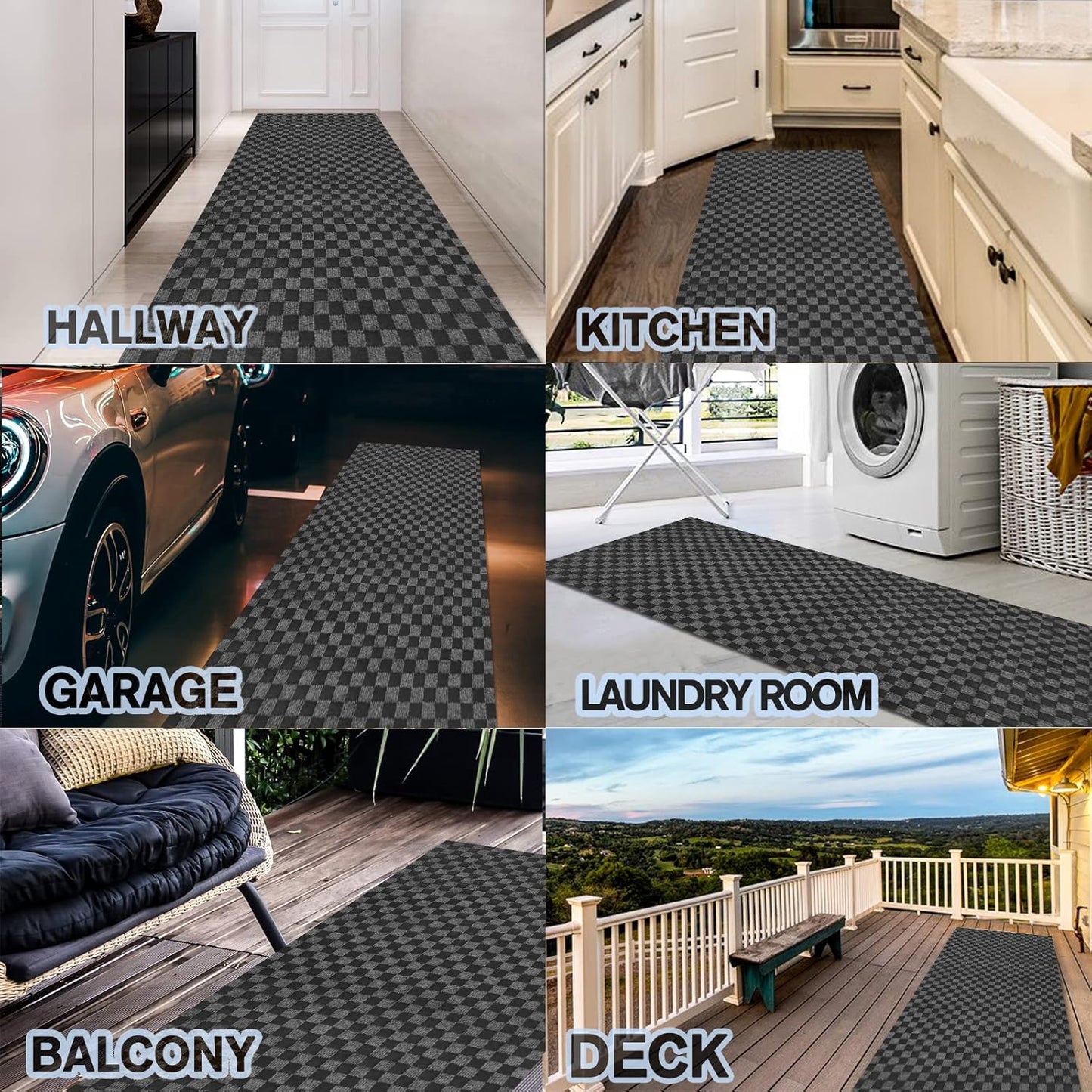 Custom Size Backed Non-Slip Area Rugs Runner, Easy Clean, Waterproof Runner Rugs for Hallway Entryway, Kitchen, Laundry, 4FT x 18FT, Gray Checkered
