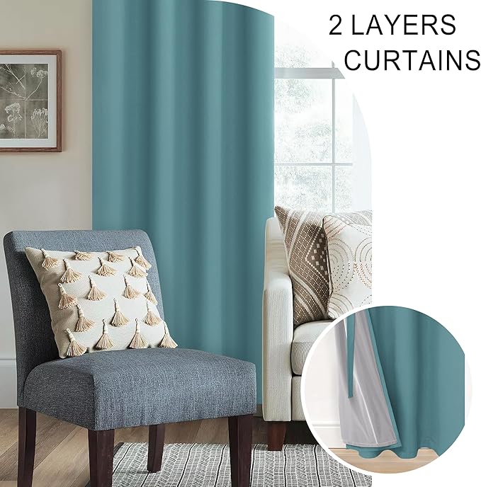XWZO 100% Blackout Curtains - Thermal Insulated Black Liner Curtains, Noise Reducing and Heat Blocking Drapes for Hall and Studio Windows with Tiebacks, Stone Blue, W52 x L95, Set of 2