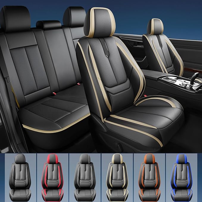 Fit 4Runner Car Seat Covers (5 Seats) for Select Toyota 4Runner 2003-2024 2025 2026 - Full Coverage Leather,Airbag Compatible, Waterproof & All Weather Seat Cushion Protector,Full Black-Beige