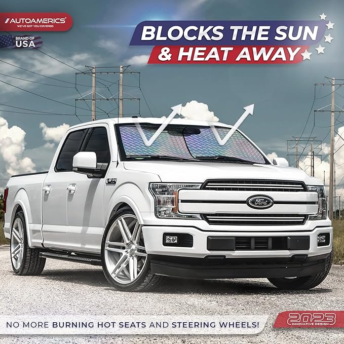 Autoamerics 2-Piece Windshield Sun Shade - Holographic Foldable Car Front Window Sunshade for Most Cars SUV Truck - Heat Blocker Visor Protector Blocks Max UV Rays and Keeps Your Vehicle Cool - Small