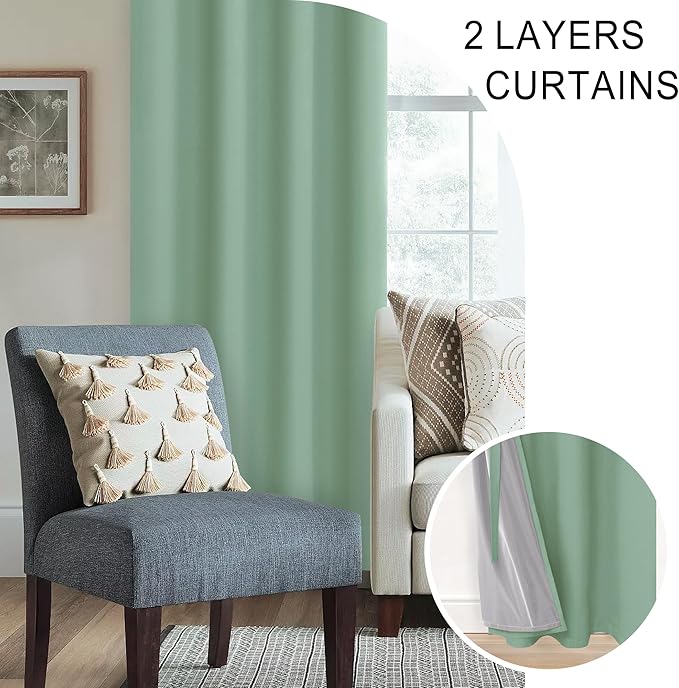 XWZO 100% Blackout Curtains 54 Inches Long with Tiebacks- Soundproof & Energy Efficiency Window Draperies Grommet Top with Black Liner for Bedroom/Living Room, Light Sage, W52 x L54, Set of 2