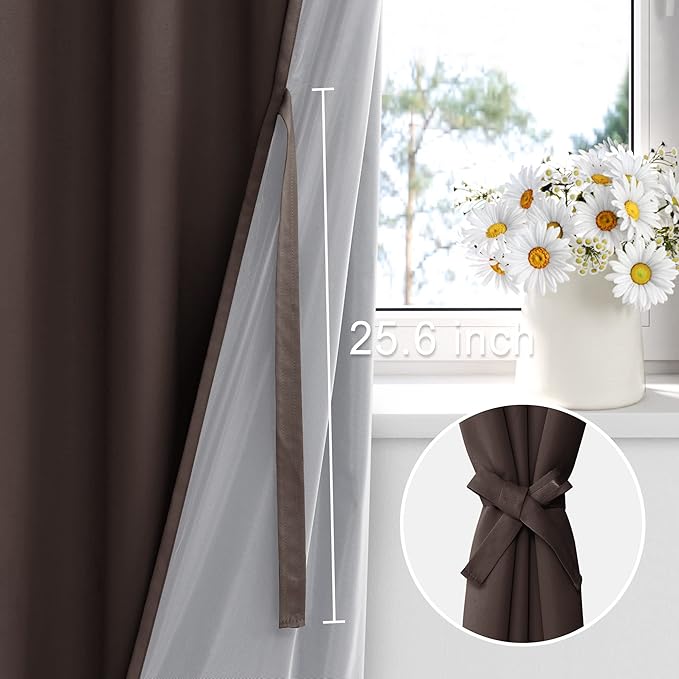 XWZO 100% Blackout Curtain Panels - Extra Large Thermal Insulated Black Liner Curtains, Noise Reducing and Heat Blocking Drapes for Bedroom with Tiebacks, Brown, W52 x L108, Set of 2