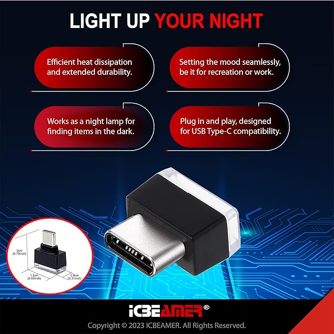 ICBEAMER Type C Adapters Atmosphere Light 2-Pack (Blue) | Universal Plug-in Miniature LED Night Light for Car Interior and Trunk Ambient Lighting Solution