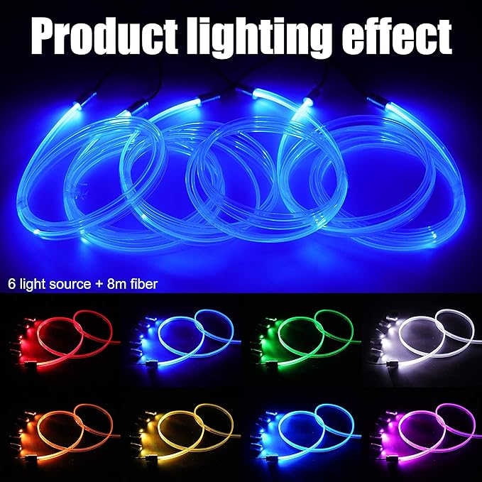 Car Interior Strip Lights, 6 in 1 Multicolor RGB Car Ambient Lighting Kit, 8m Fiber Optic EL Neon Tube Light, DIY Mode Music Sync RF Remote Control + APP Control DC 12V