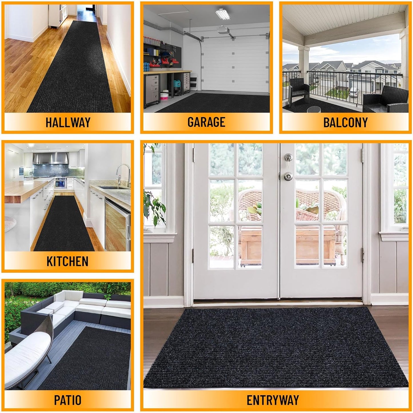 Ottomanson 2' x 5' Hallway Runner with Scraper Pile Extra Durable Non-Slip Rug Mat for Indoor & Outdoor Use - Ideal for Kitchen, Entryway, Patio & Garage - High-Traffic Carpet, Black