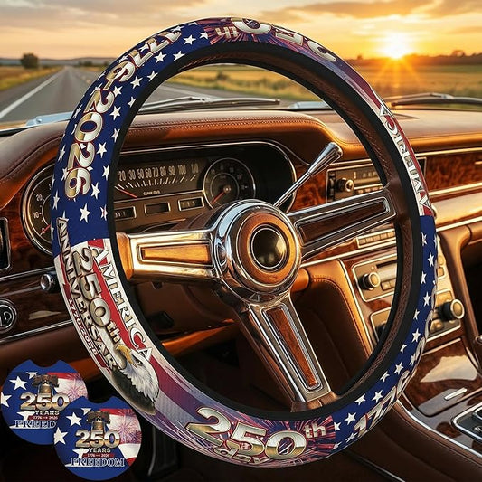 Anniversary American Flag Steering Wheel Cover Anniversary American USA Flag Steering Wheel Cover Car Men Breathable Universal for 14-15 Inch Anti-Slip 2 Pieces Car Coasters