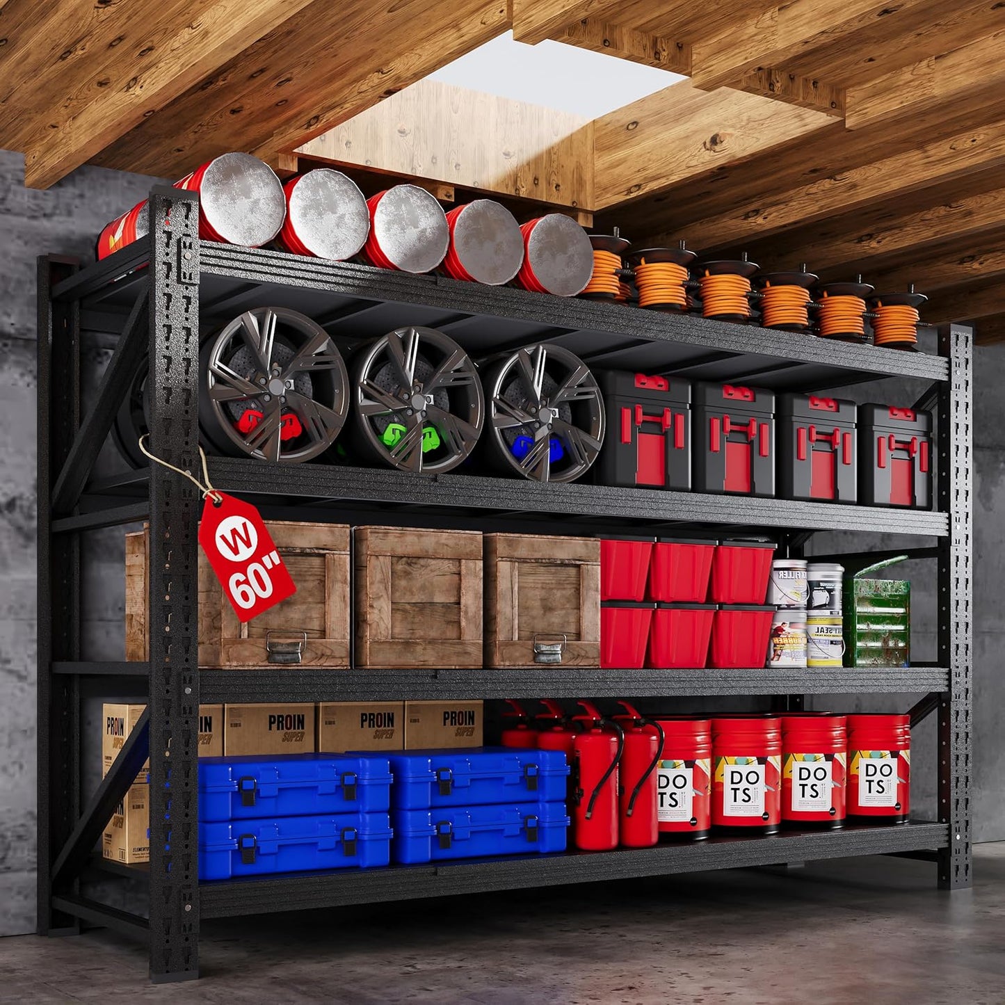 60” W Heavy Duty Garage Shelving, 5000LBS Metal Storage Shelves, 4 Tier Storage Rack Shelf, Steel Industrial Shelving, Adjustable Standing Shelf for Basement/Warehouse 60" W x 24" D x 70" H, Black