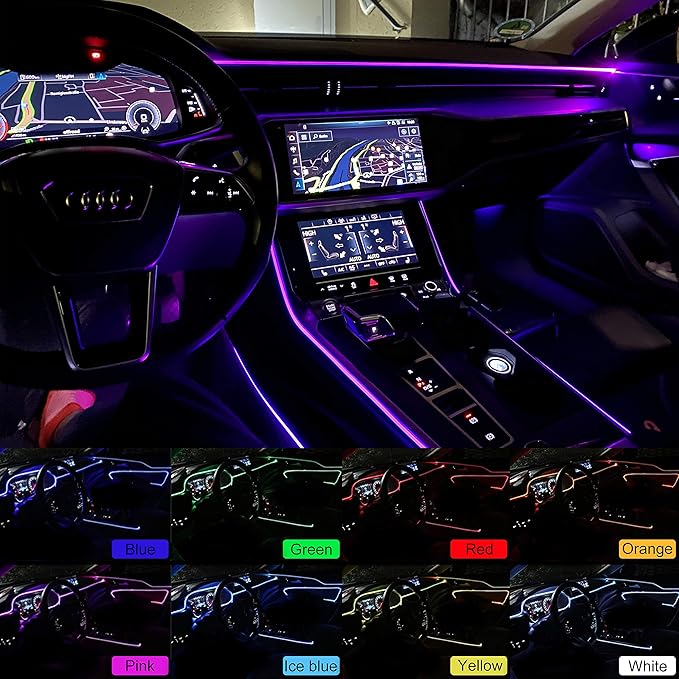 Car Ambient Lighting Optic Fiber 8 Colors Music Sound Active with RF Remote Control Car Decorative Atmosphere Lighting Kit DC 12V 1W 3m