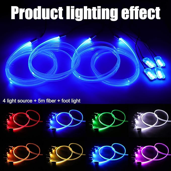 Car Interior Ambient Lighting Optic Fiber RGB 64 Colors Multicoloured Music Car Footwell Lighting Kit with Cigarette Lighter and App Microphone, 12-24V 5m