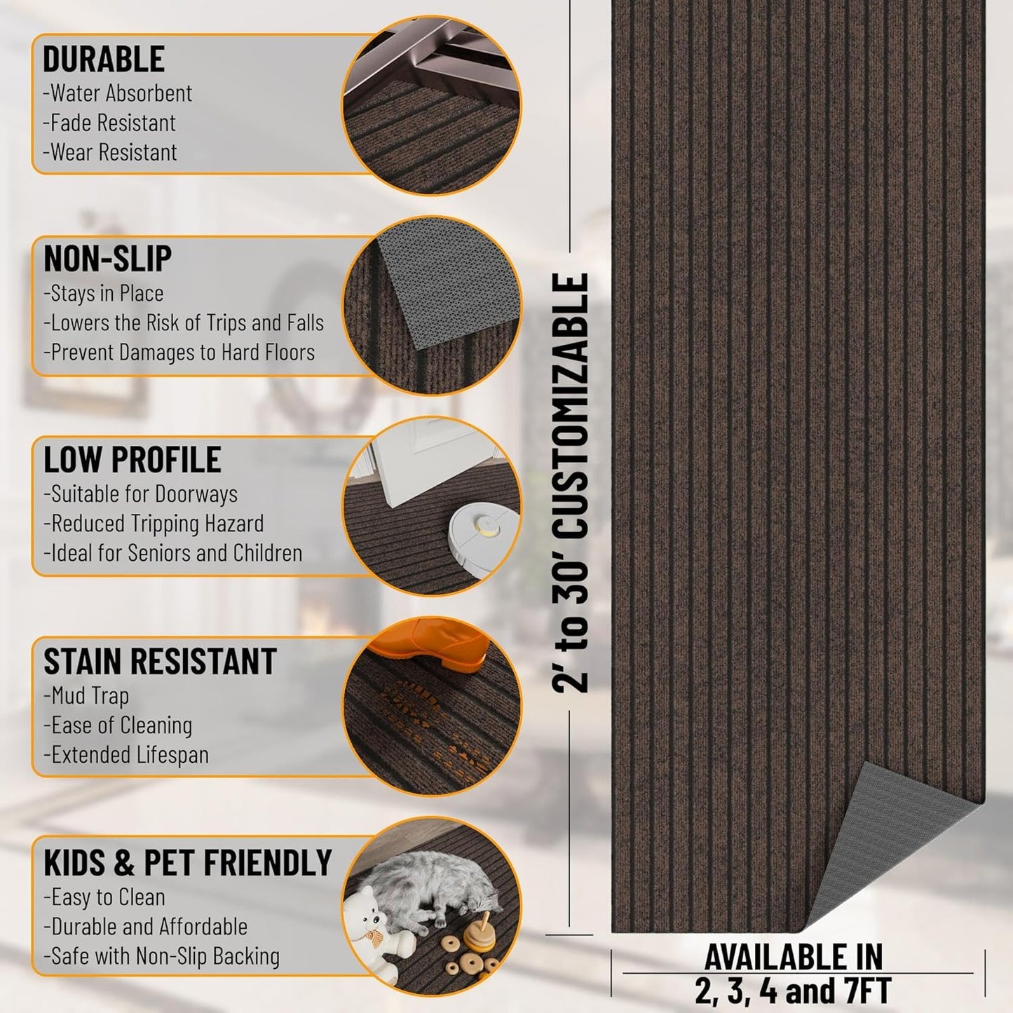 Ottomanson 2'7" x 40' Hallway Runner with Scraper Pile - Extra Durable Non-Slip Rug Mat for Indoor & Outdoor Use - Ideal for Kitchen, Entryway & Garage - High-Traffic Carpet, Brown