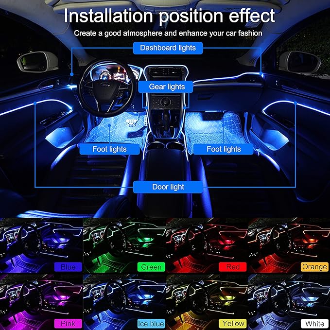 Car Atmosphere Light Kit 4m Fiber Optic RGB Multicolor Sound Active Music Sync Memory Function Bluetooth APP Control 64 Colors USB Car Interior Ambient Lighting Kit DC 12V