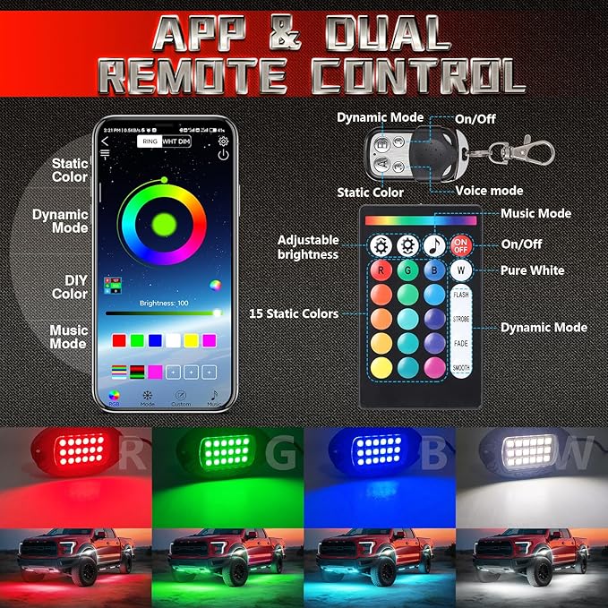 6 Pods Alloy RGBW Rock Lights，LED Upgraded RGB Underglow Lights for ATV UTV Golf Cart Truck RZR SXS Offroad Jeeps, Waterproof Metal Multicolor Neon Underglow Kit with APP/RF Remote Music Mode,12V