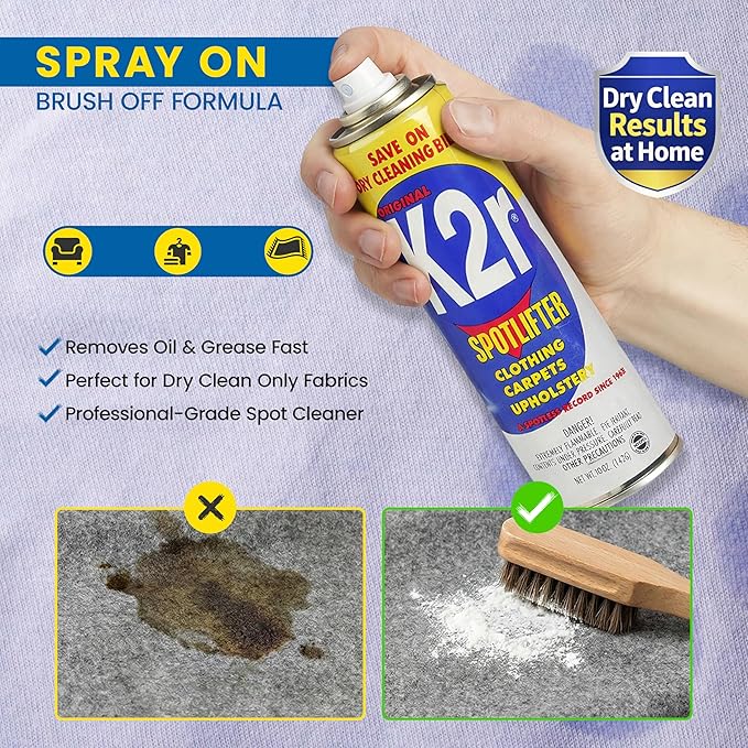 K2R SpotLifter Spot Remover Spray – Quick-Drying Stain Remover for Clothing, Carpets, Upholstery & Wallpaper – Built-In Brush Cap for No-Mess Touch-Ups – 10oz (3, 1)