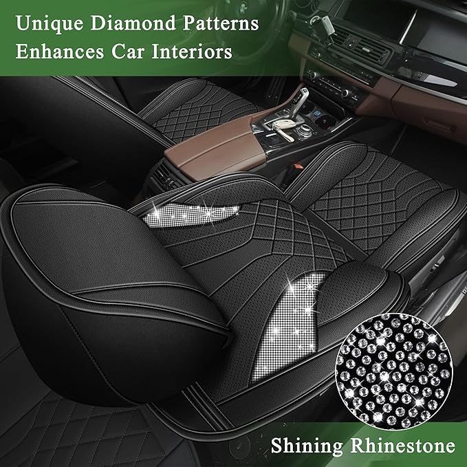 Bling Diamond Embroidered Seat Covers for Nissan Rogue 2010-2025 2026, Full Set 5 Seats, Sparkle Rhinestone Breathable Perforated Faux Leather Car Seat Covers for Women (Black)