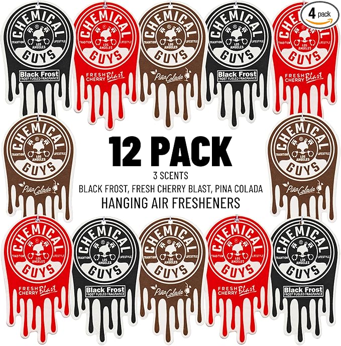 Chemical Guys Car Fresheners, Hanging Air Fresheners, Variety Scent Pack 12 Pack - for Cars, Home, Garage, Workspace, Dorm Room & More (4 x 3 Packs, Black Frost, Cherry, Pina Colada)
