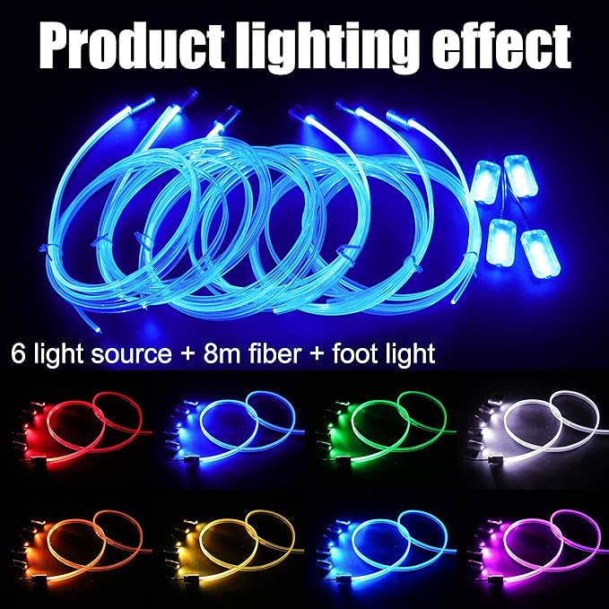 8 m Optic Fiber Car Ambient Footwell Lighting Kit Bluetooth App Control 64 Colors Multicoloured Music Interior Lighting Kit 12V 1W
