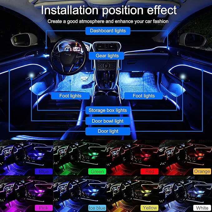 Car Interior Ambient Lighting Optic Fiber RGB 64 Colors Multicoloured Music Car Footwell Lighting Kit with Cigarette Lighter and App Microphone, 12-24V 5m