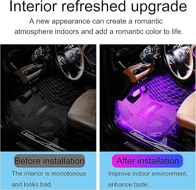 Car Footwell Atmosphere Light Kit RGB Multicolor Sound Active Music Sync Memory Function RF Remote Controller + Bluetooth APP Control 64 Colors USB Car Interior Ambient Lighting Kit DC 12V