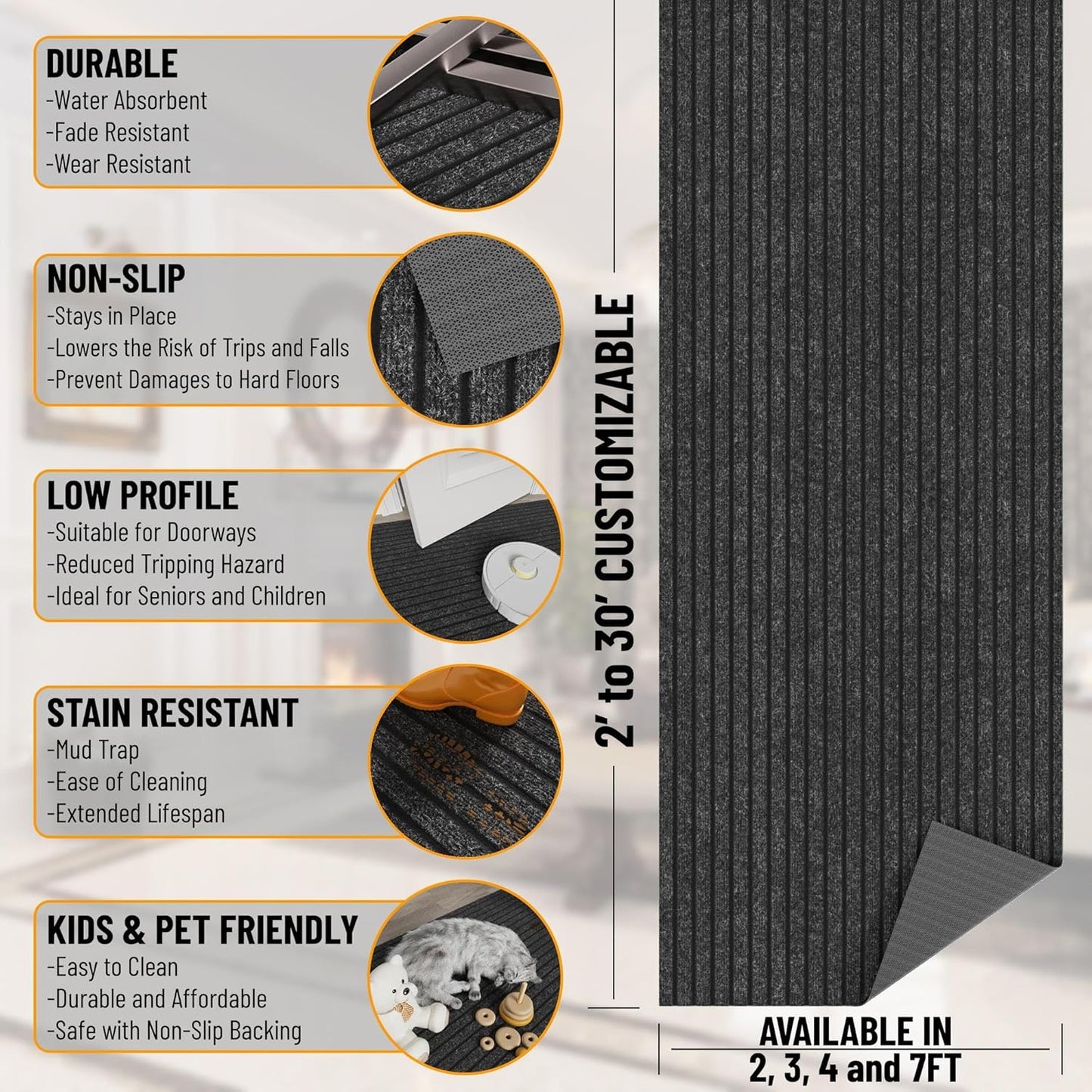Ottomanson 2'7" x 8' Hallway Runner with Scraper Pile - Extra Durable Non-Slip Rug Mat for Indoor & Outdoor Use - Ideal for Kitchen, Entryway & Garage - High-Traffic Carpet, Black