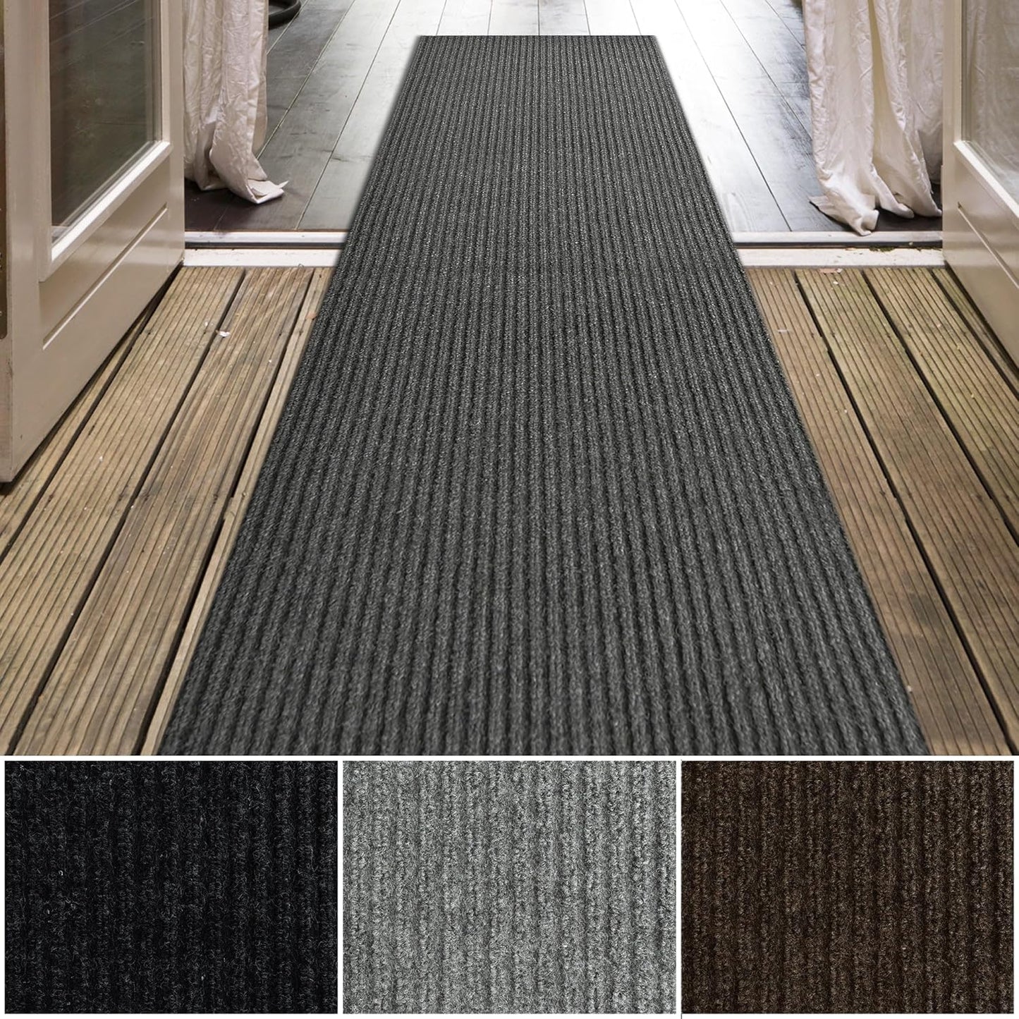 iCustomRug Spartan Weather Warrior Indoor/Outdoor Utility Ribbed Carpet Runner with Non-Slip Thermoplastic Rubber Backing, 3ft X 14ft in Charcoal