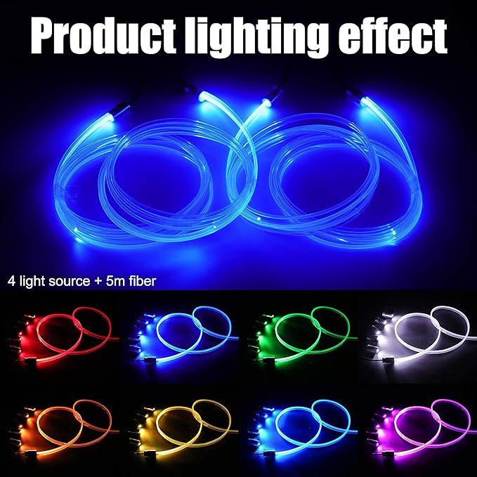 Car Interior Strip Lights, 4 in 1 Multicolor RGB Car Ambient Lighting Kit, 5m Fiber Optic EL Neon Tube Light, DIY Mode Music Sync RF Remote Control + APP Control DC 12V